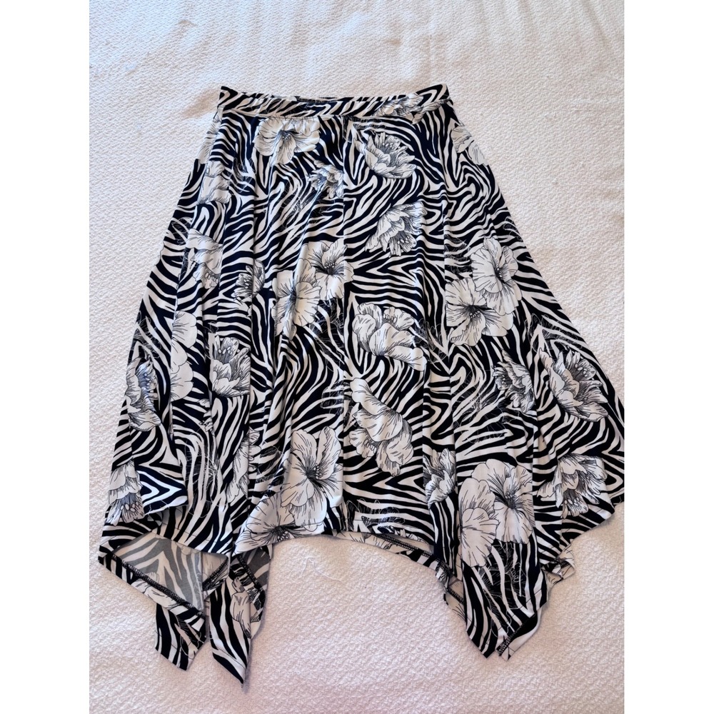 Chicos Black White Zebra Floral Handkerchief Hem Midi Skirt Size 1 Medium